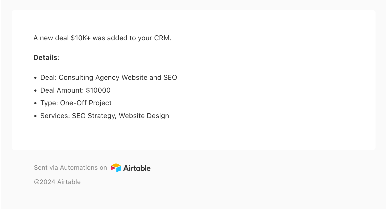 A preview of an email sent by an Airtable automation.