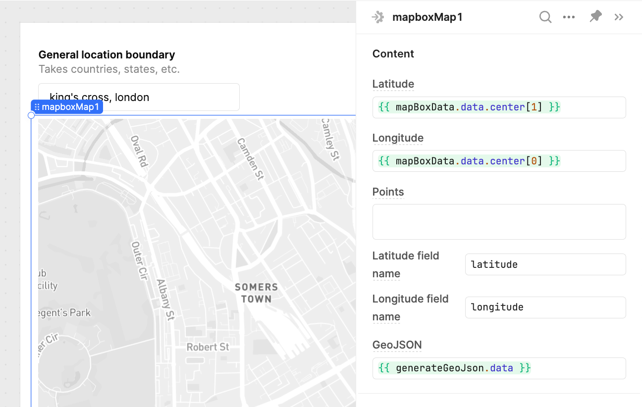 Settings for connecting center points and zoom levels to the Mapbox component in Retool.