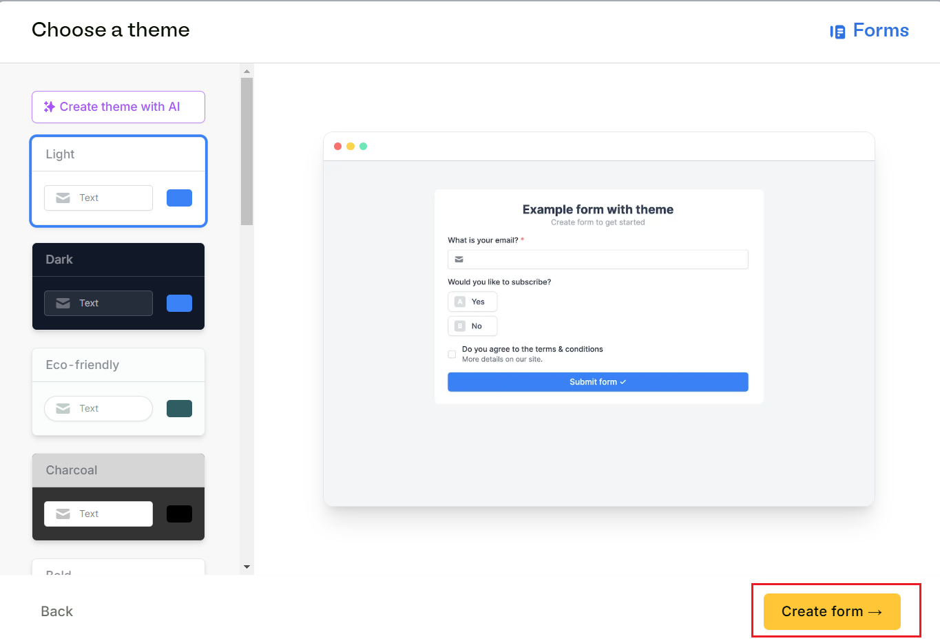 The page in Fillout for choosing a theme.