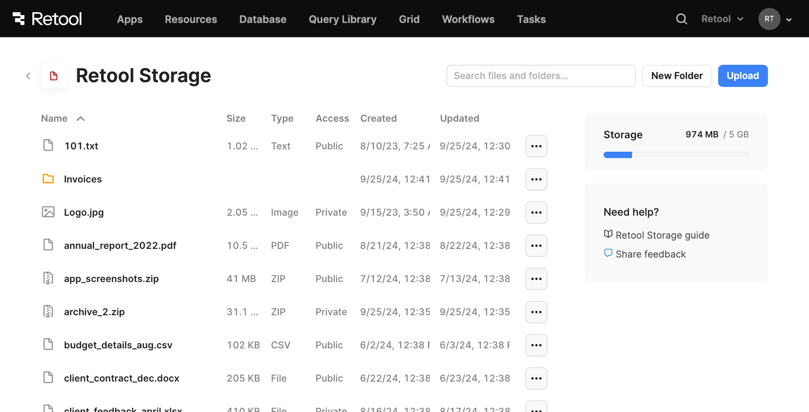 The Retool Storage page.