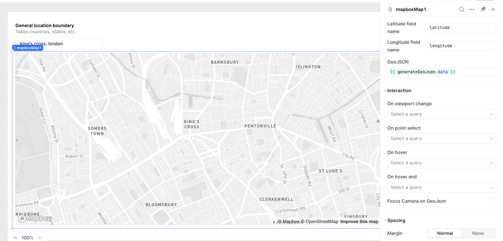Inspection pane for the Mapbox component in Retool