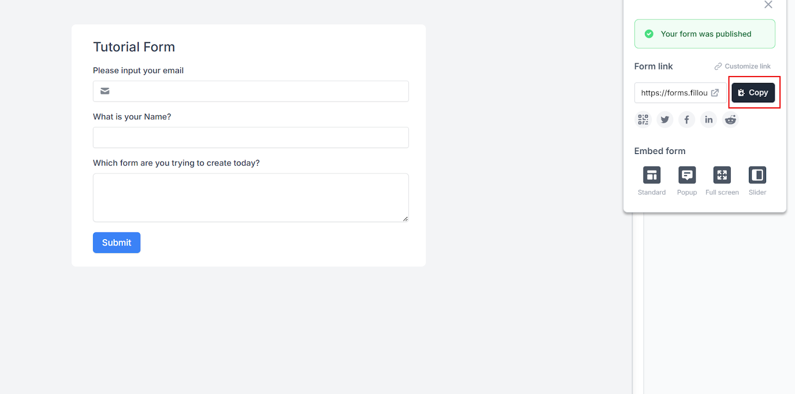 Where to copy your shareable link after publishing a Fillout form.