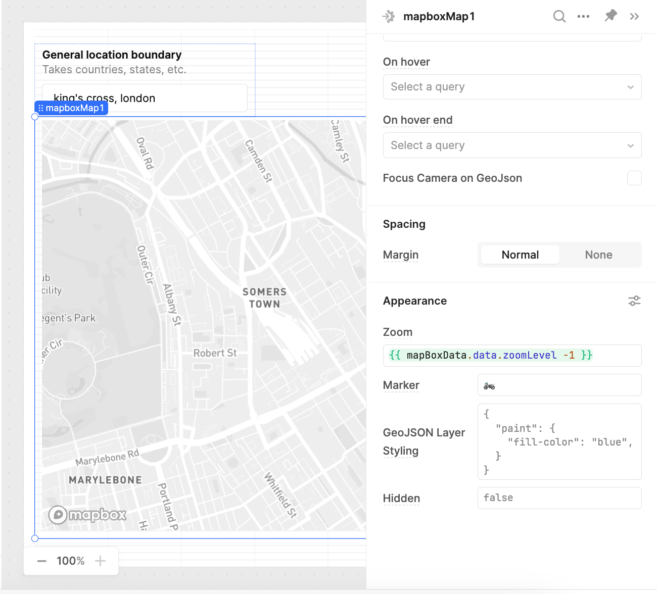 Linking a JavaScript query to a Mapbox component in Retool in order to set zoom level.