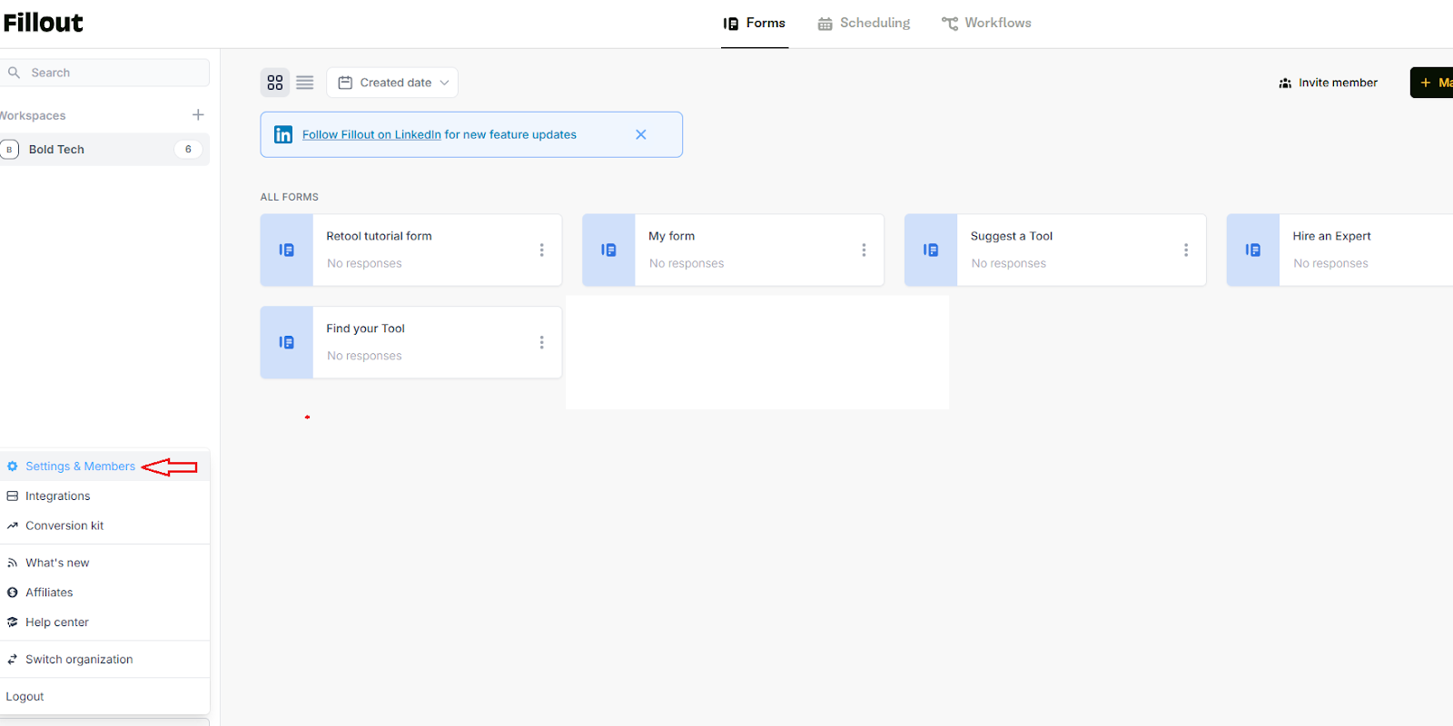 A Fillout dashboard highlighting where to find the settings.