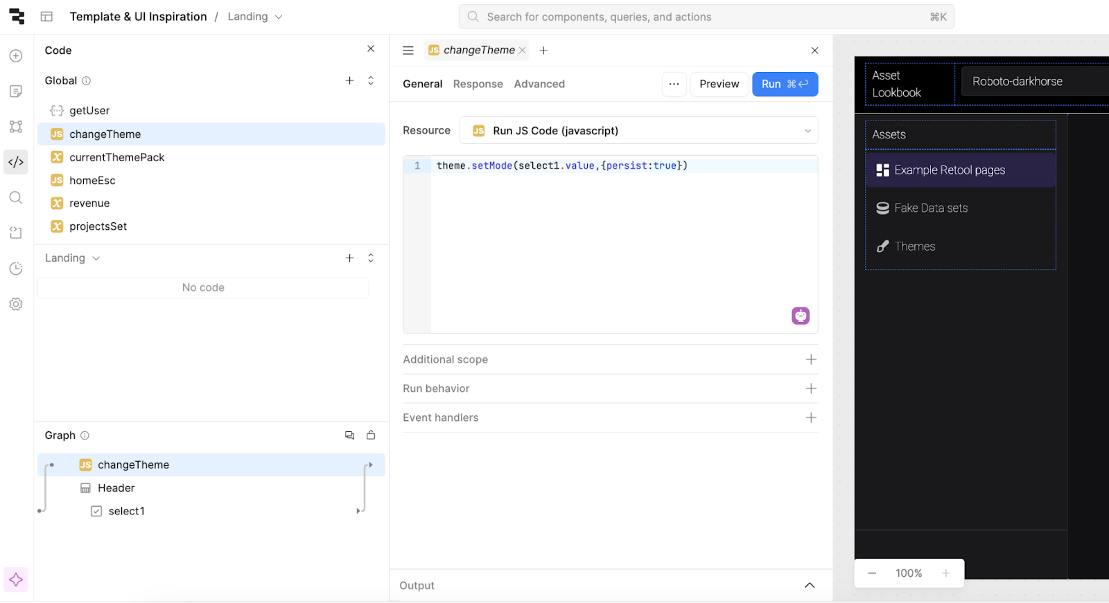 A Retool workspace showing a query called changeTheme.