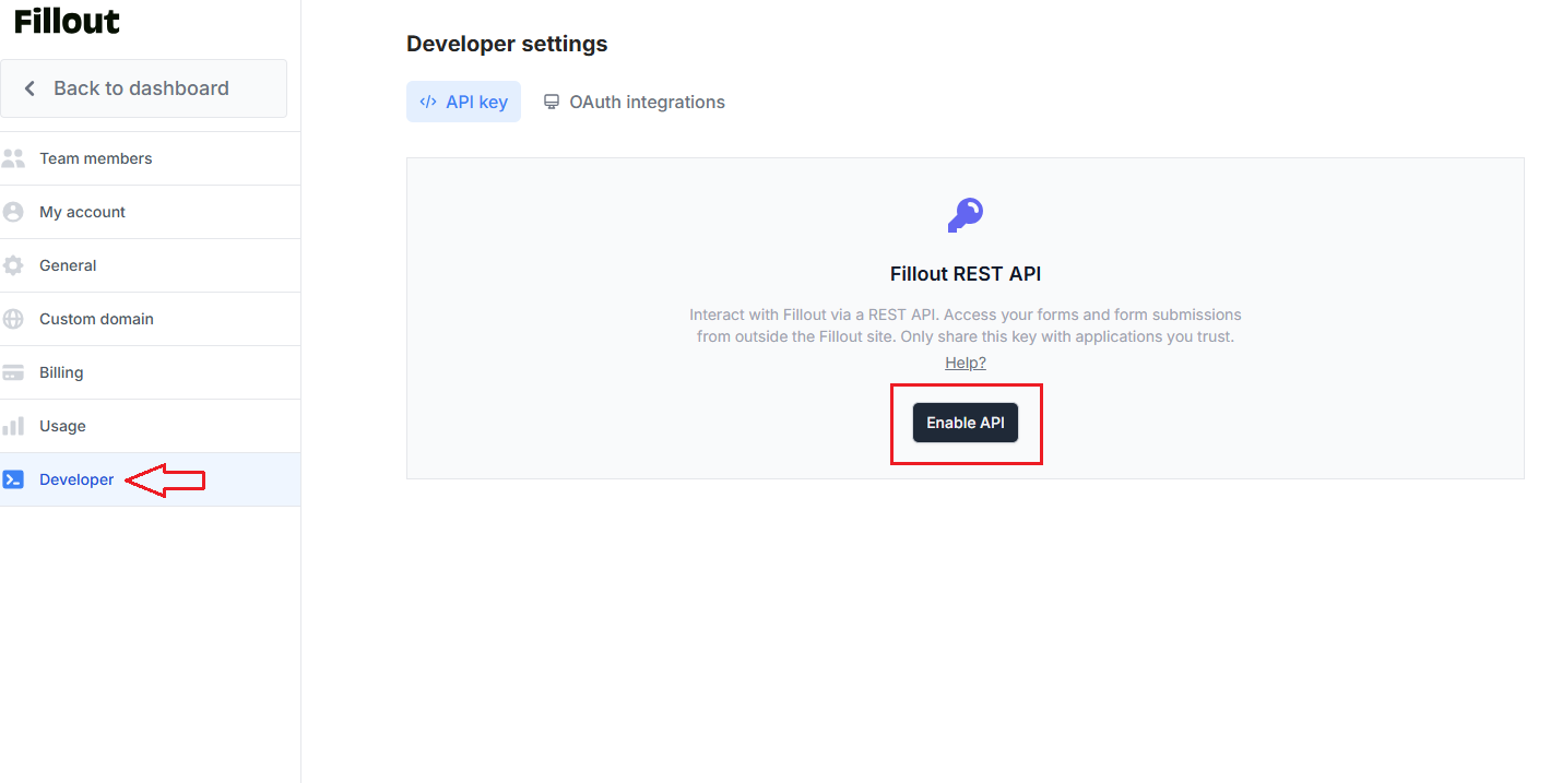 How to enable APIs in a Fillout dashboard under the Developer tab.