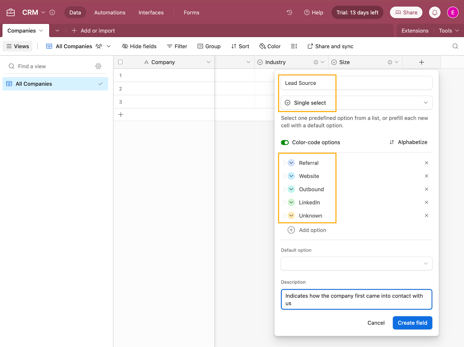 Options for a single select field, called Lead Sources, in an Airtable database.