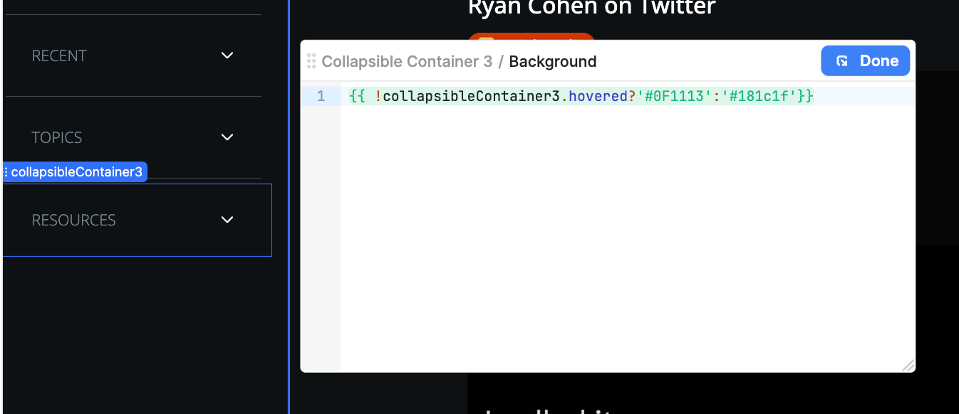 Using the .hover attribute in Retool to change the background of a container when hovered.