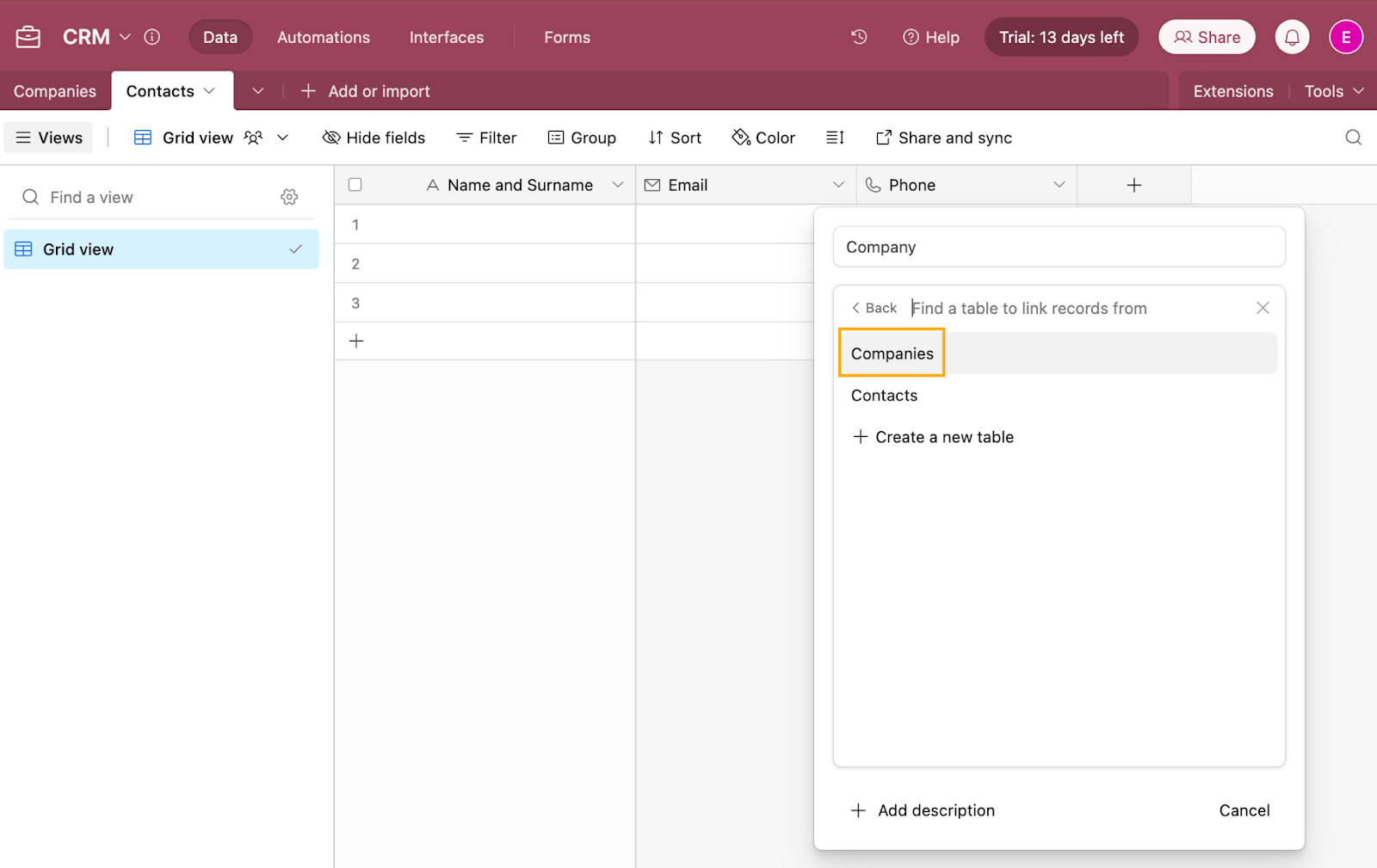 Adding a new field to an Airtable database which is linked to records from another database. 