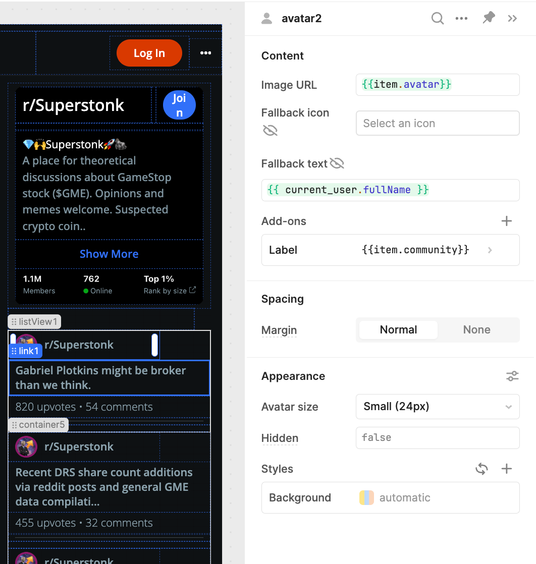 Settings for an avatar component in a Retool app.