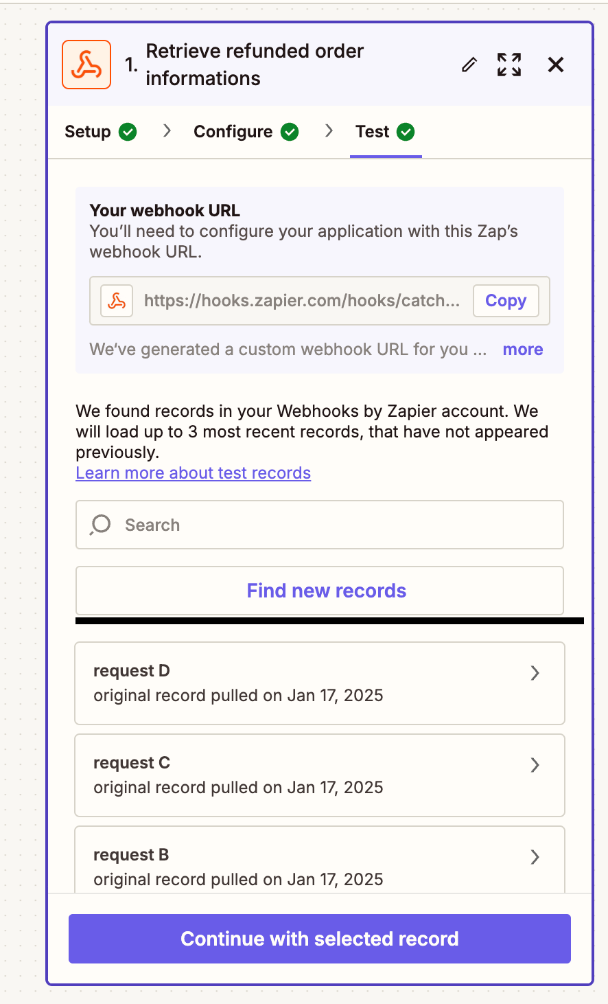 Click 'Find New Records' within Zapier test tab