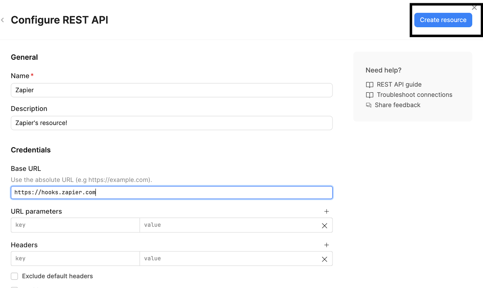 Setting up a Zapier resource in Retool: 'Configure REST API'