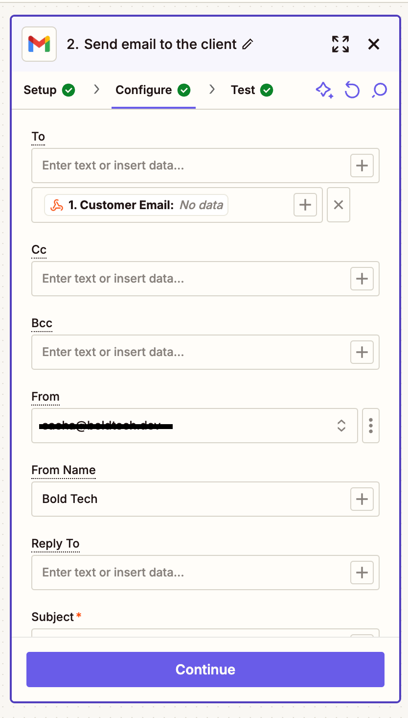 Zapier/Gmail configuration tab