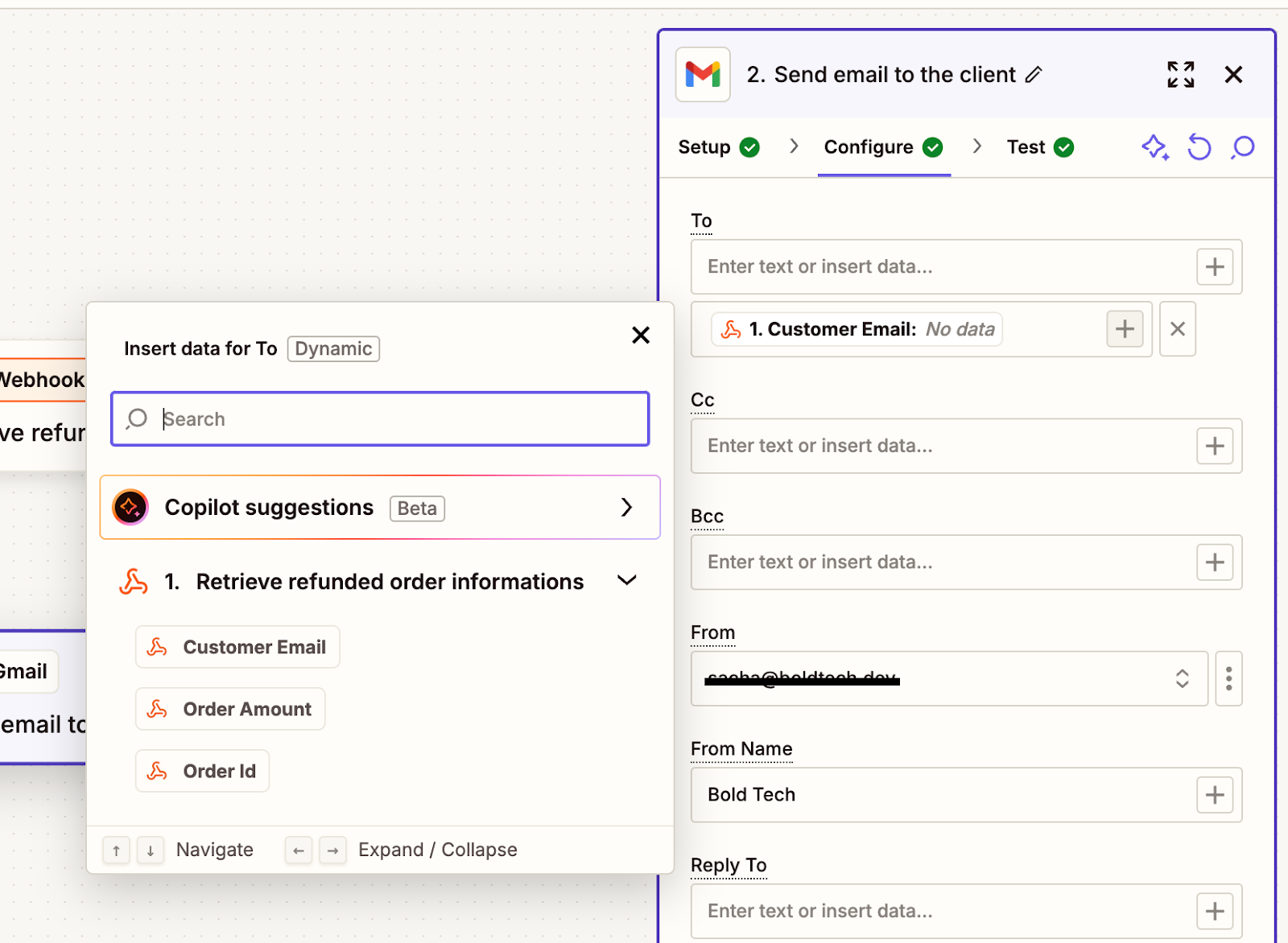Insert webhook data into Gmail tab within Zapier