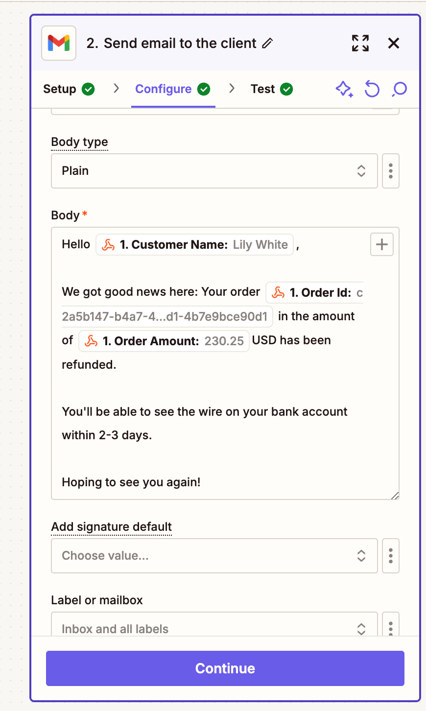 Body of email shows mixture of manually written text and Zapier automations