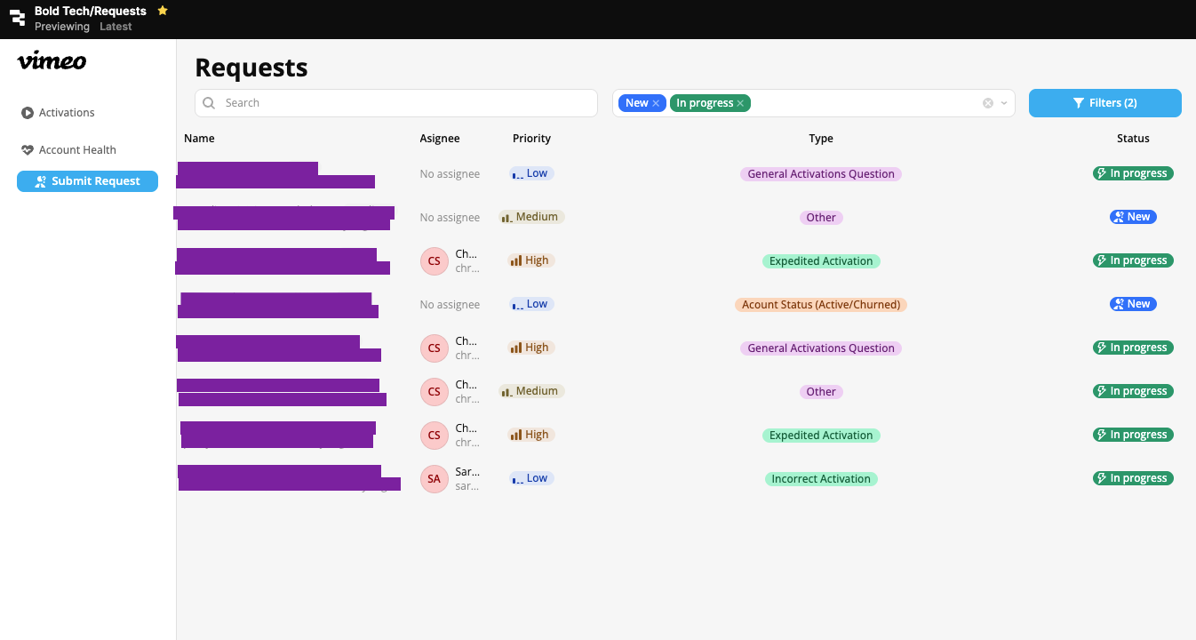 Retool request management dashboard showing tickets, assignees, and statuses.