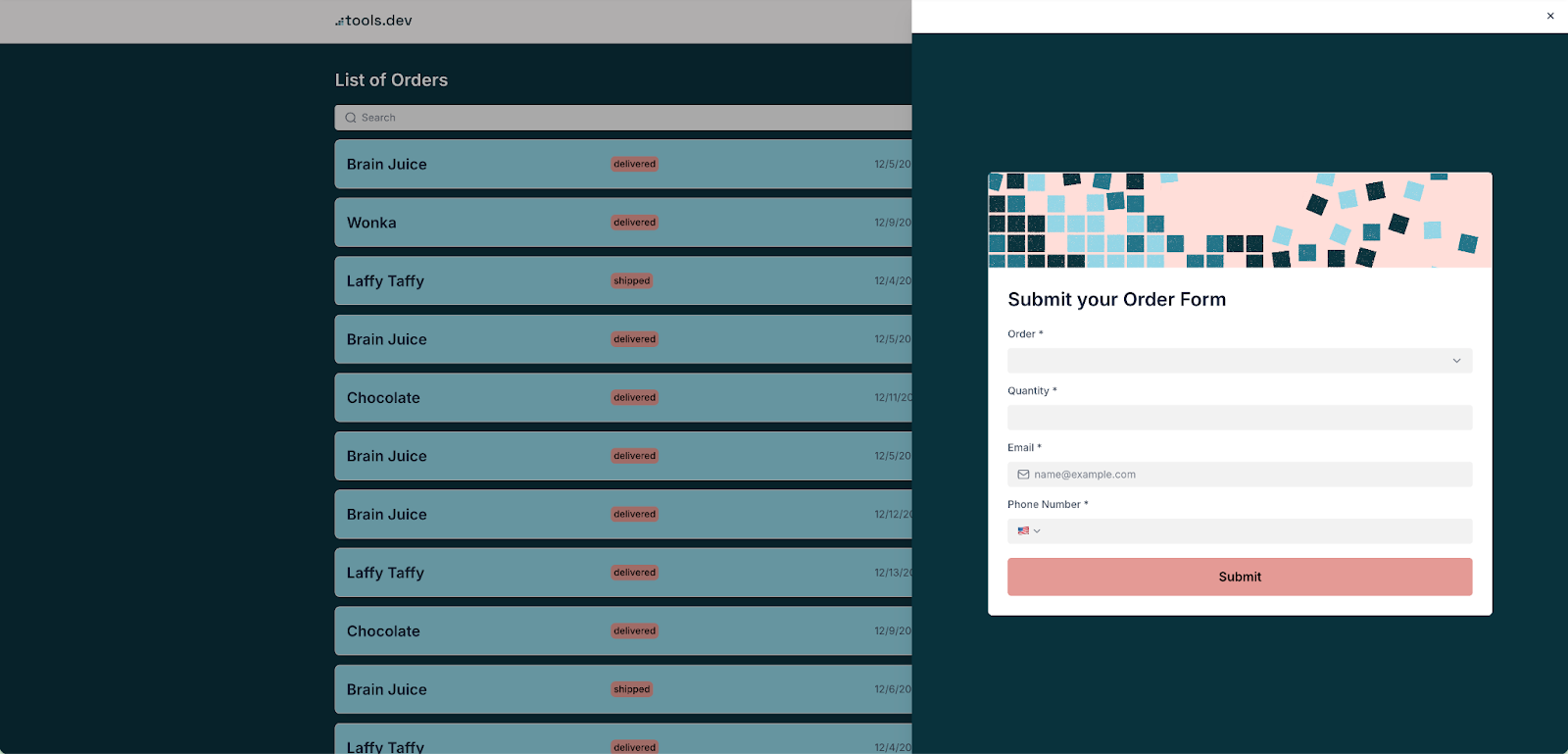 Final view of order form in Softr