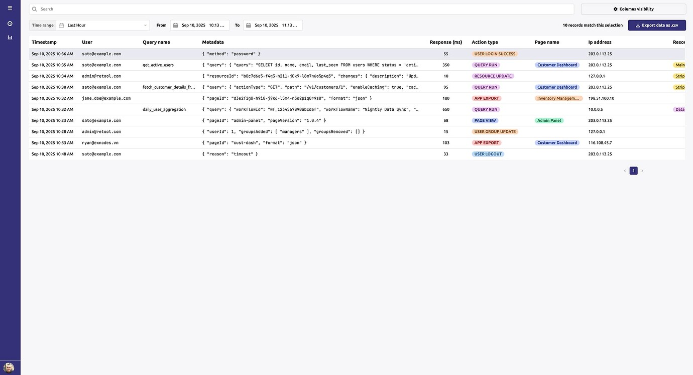Audit logs app in Retool