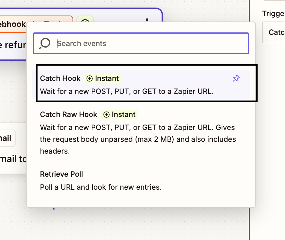 Setting up a webhook in Zapier by selecting 'Catch Hook'