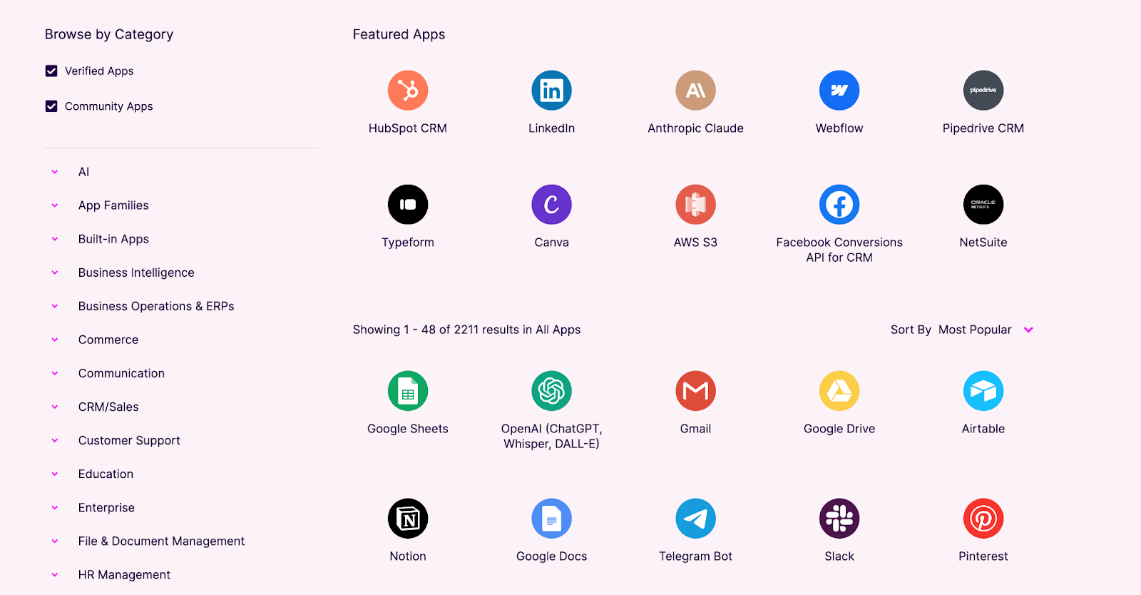 Available integrations in Make