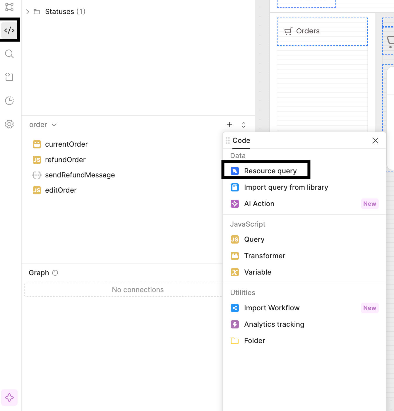 'Resource query' button in the Retool Code Tab