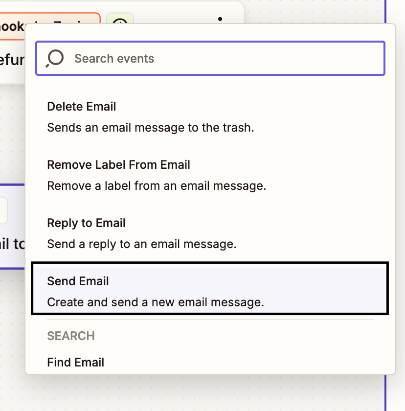 Choose 'Send Email' option within Zapier event dropdown