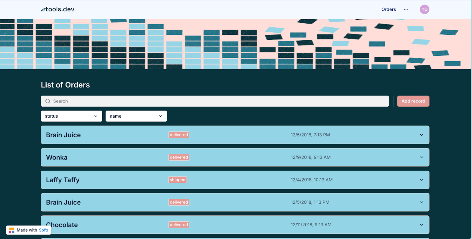 List of Orders in Softr