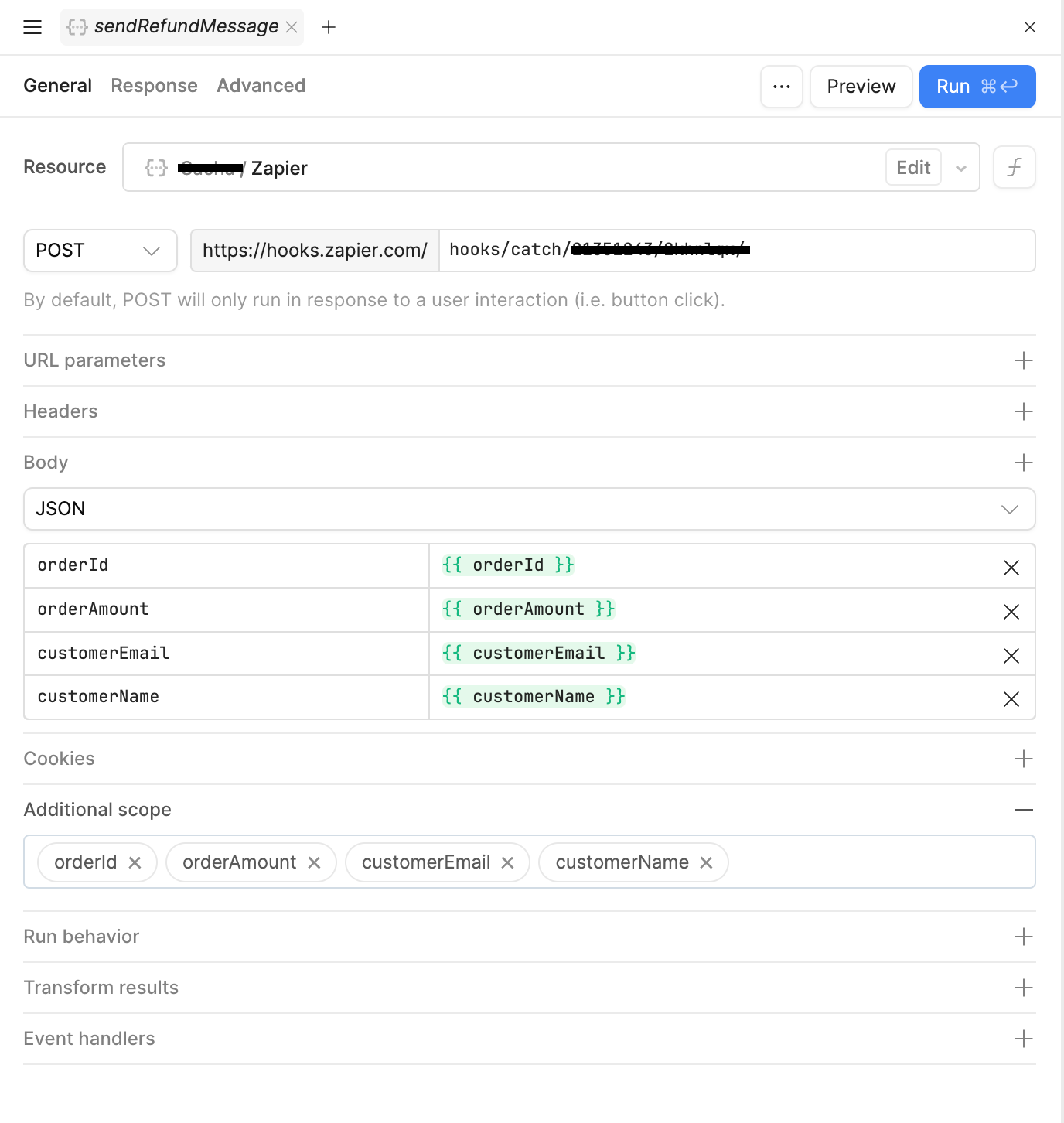 Zapier POST request setup in Retool with JSON body fields for order and customer details.