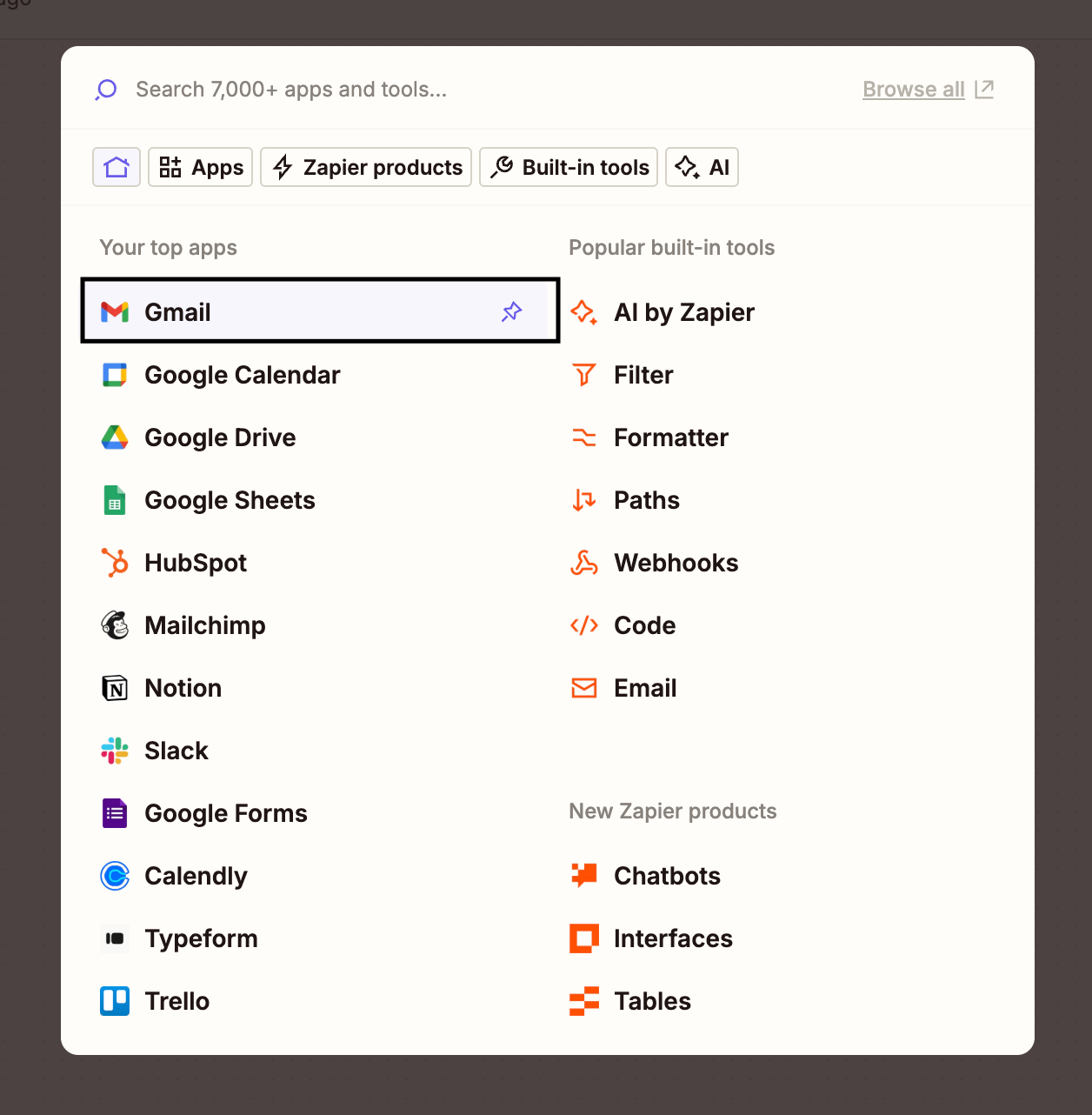 Choose 'Gmail' as list of integrations within Zapier