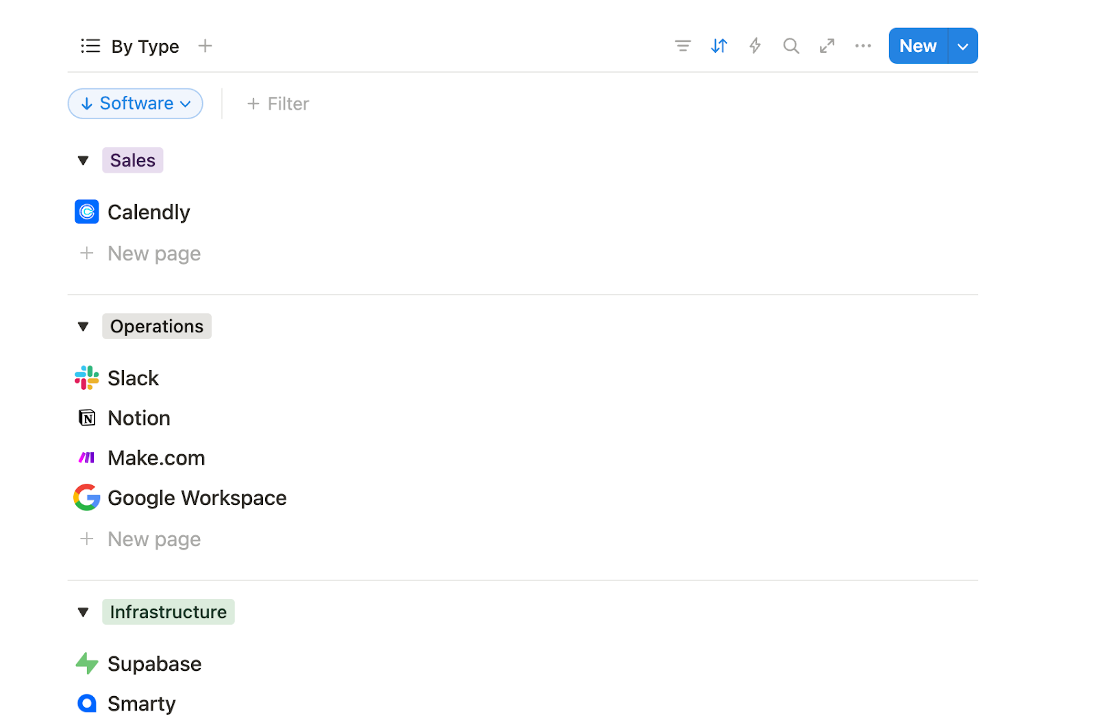 Notion database showing categorized software tools for Sales, Operations, and Infrastructure