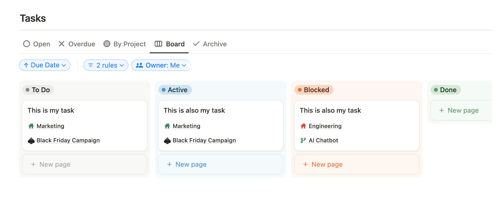 Notion task board showing filtered view by owner for team tasks
