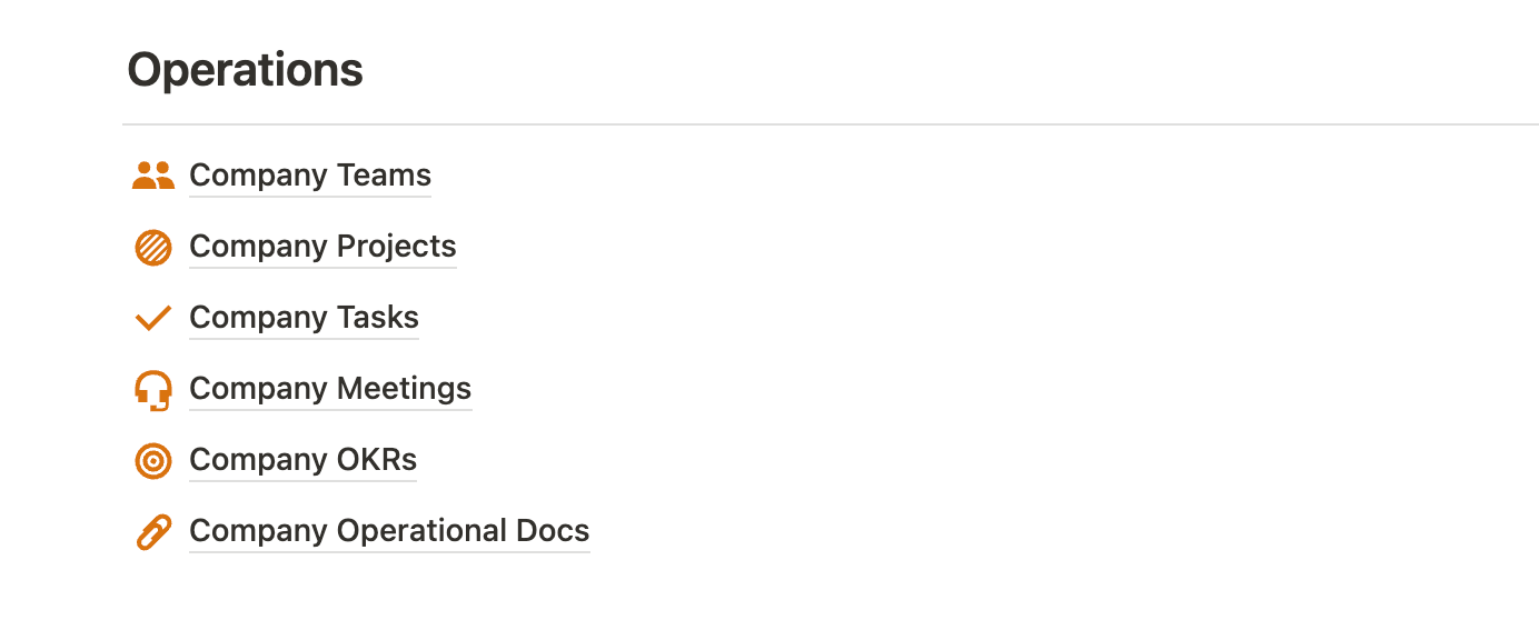 Notion operations dashboard listing company projects, tasks, OKRs, and docs.