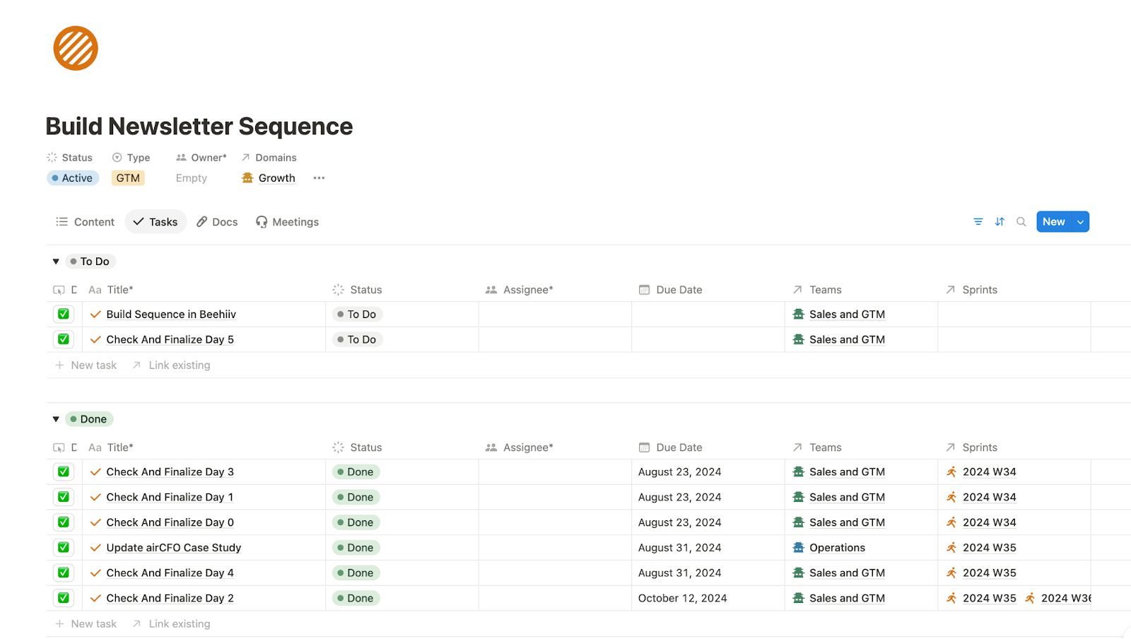 Notion project dashboard showing newsletter tasks, statuses, and teams.