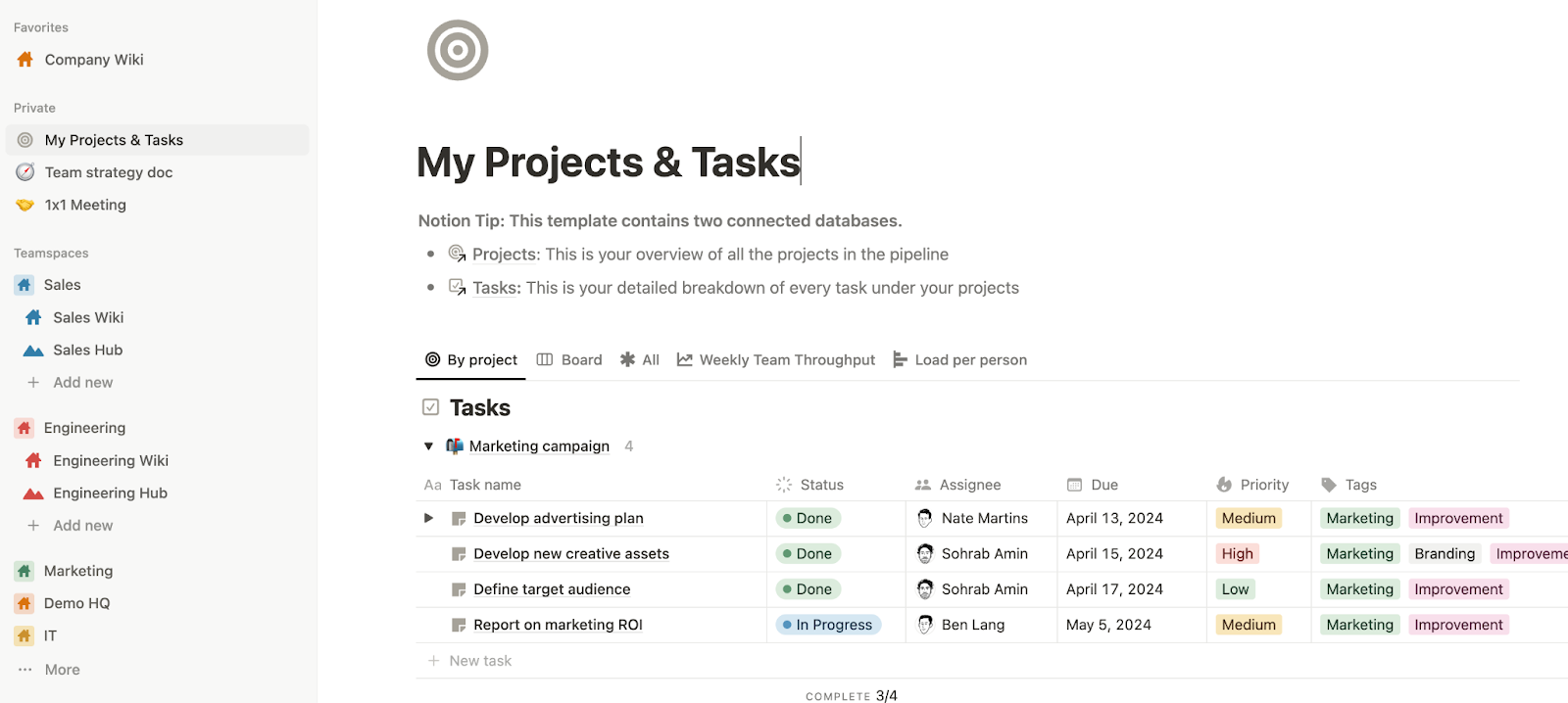 Notion workspace showing centralized projects and tasks dashboard view.