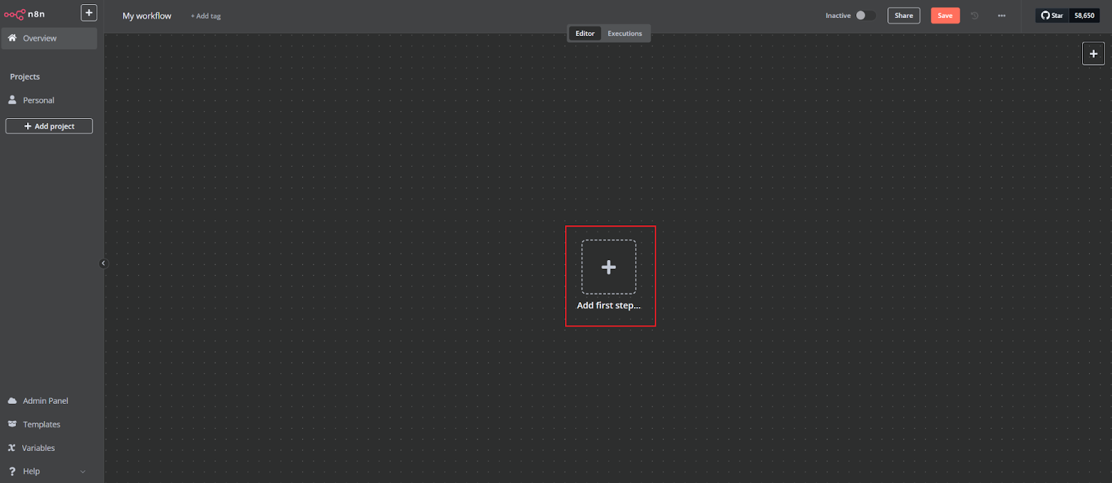 'Add first step' in n8n