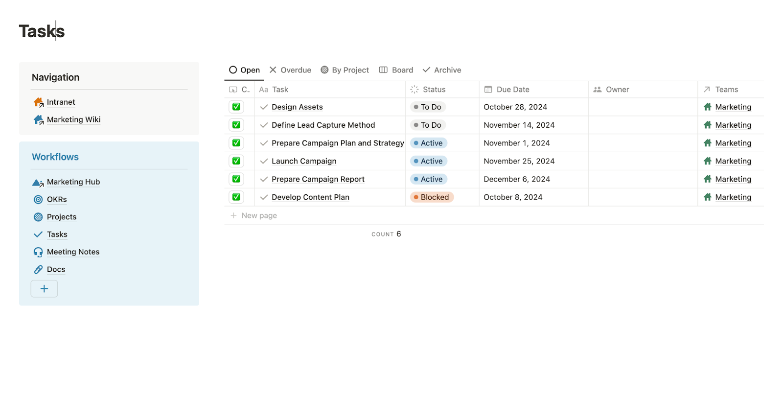 Notion task tracker showing project statuses, due dates, and teams