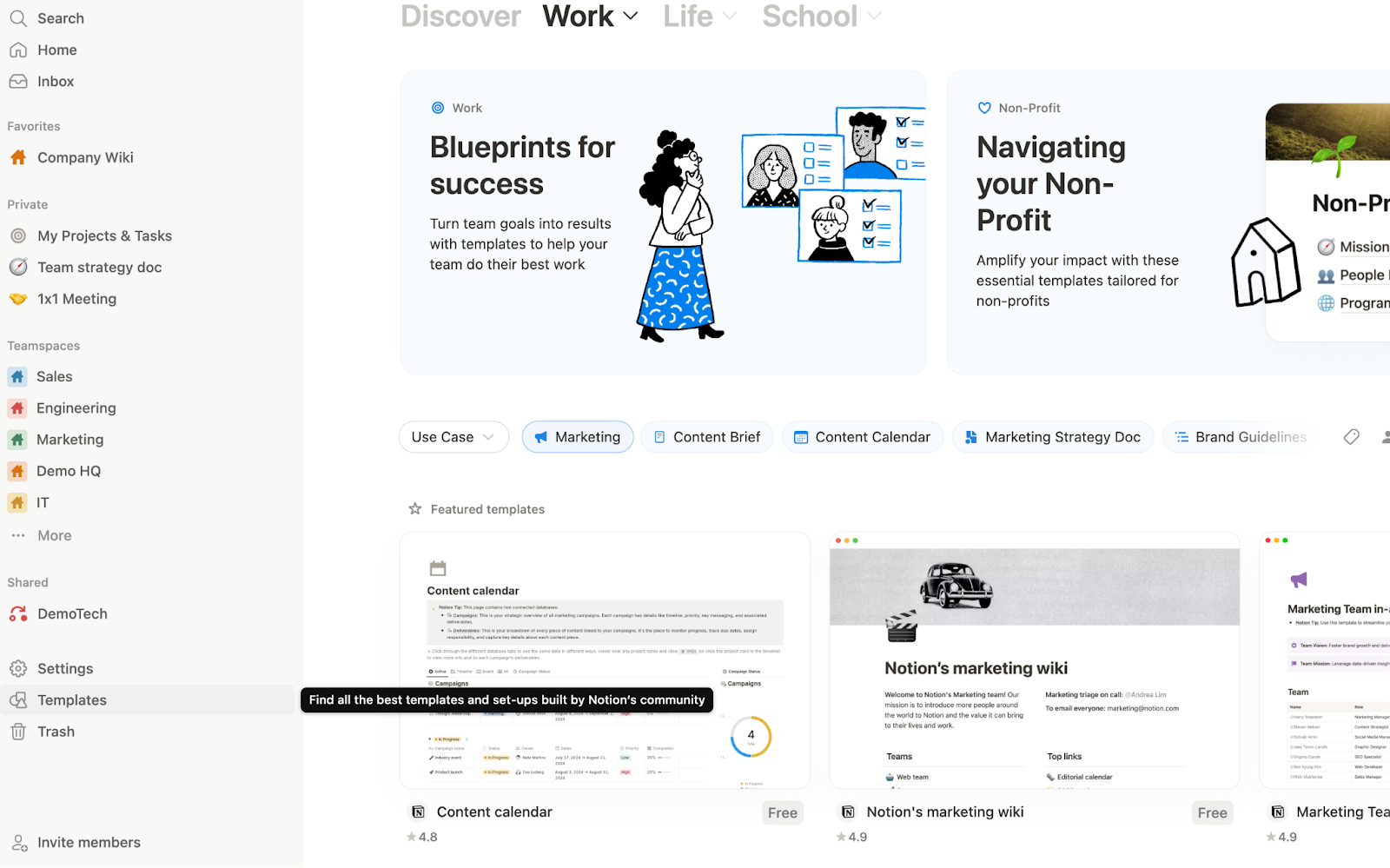 Notion template gallery showing workspace templates for teams and projects.