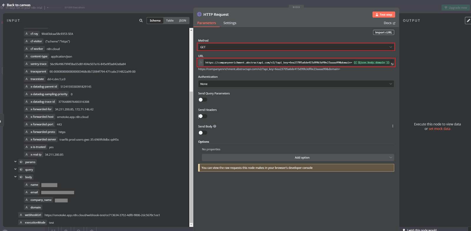 HTTP Request node settings