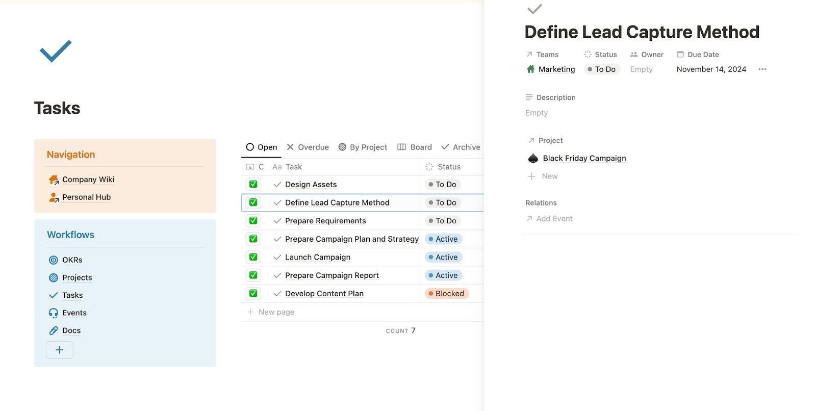 Notion workspace showing task list and selected task details view.