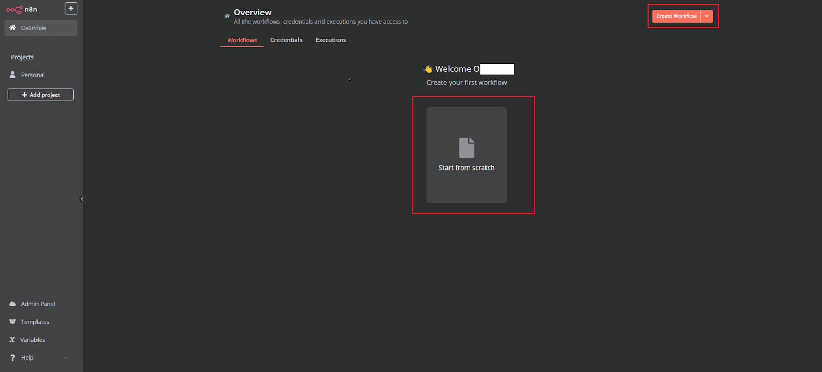 n8n dashboard: start creating your first workflow