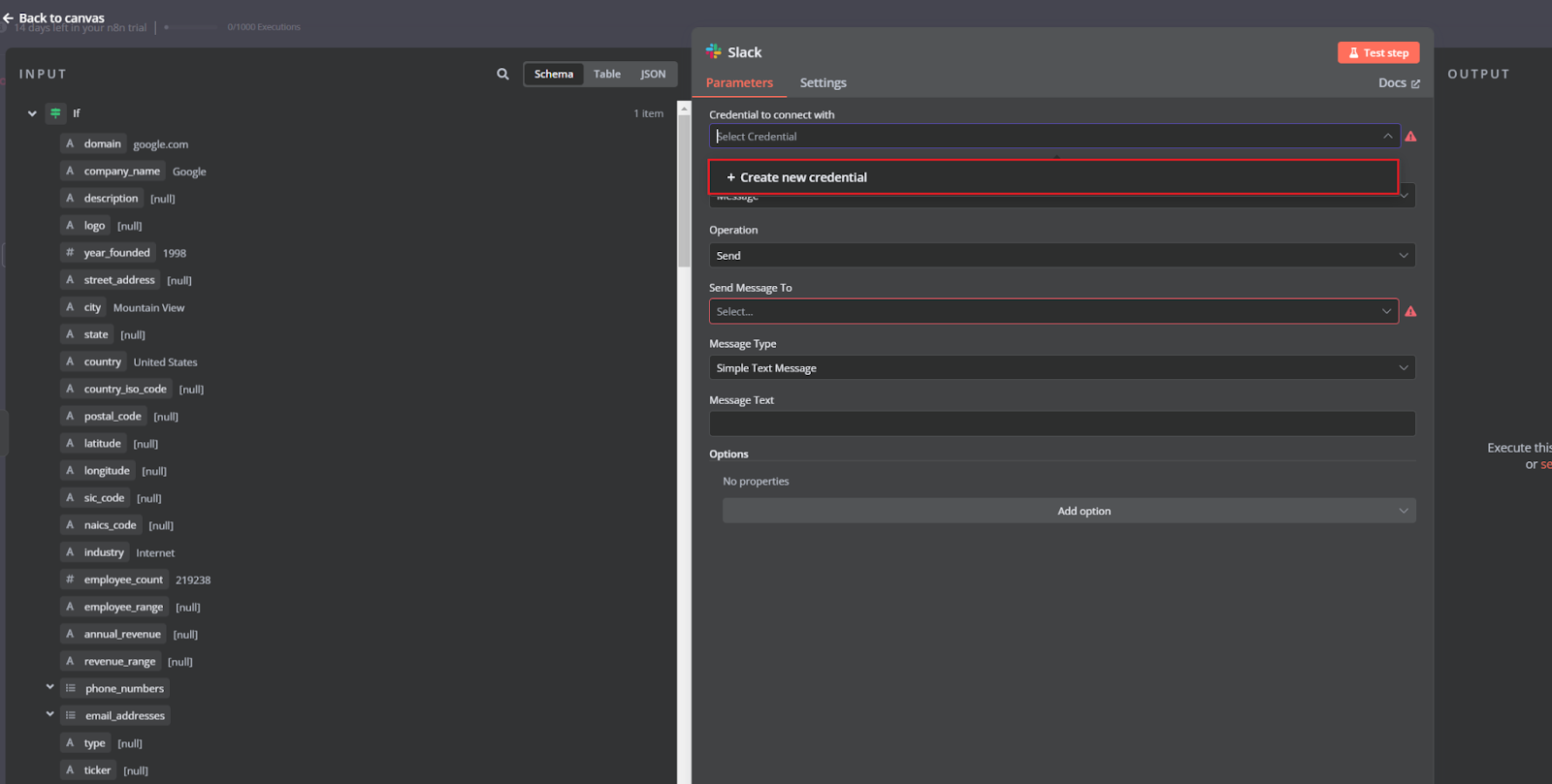 Create new credential: connect n8n to Slack