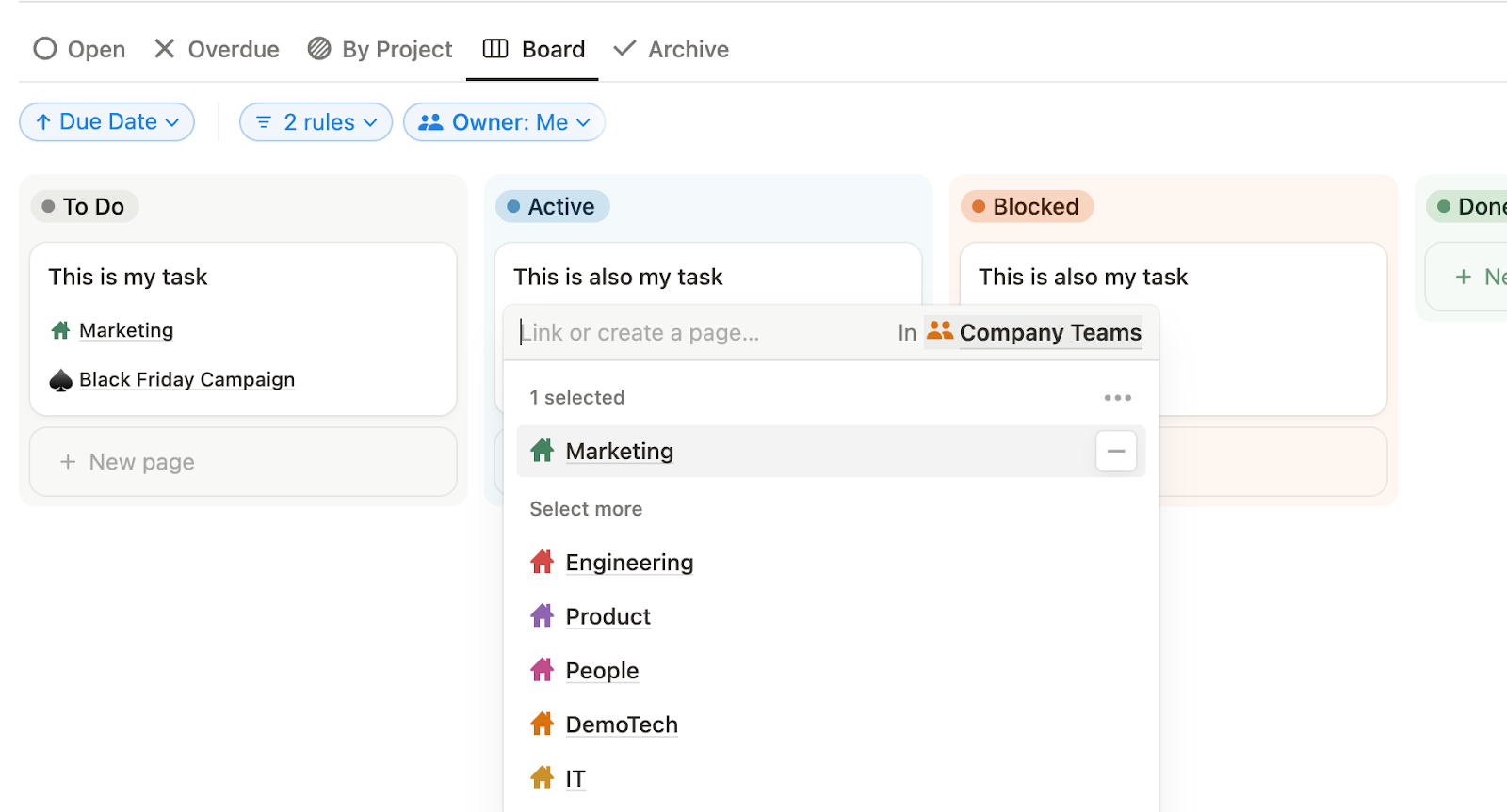Notion board linking tasks to teams like Marketing and Engineering