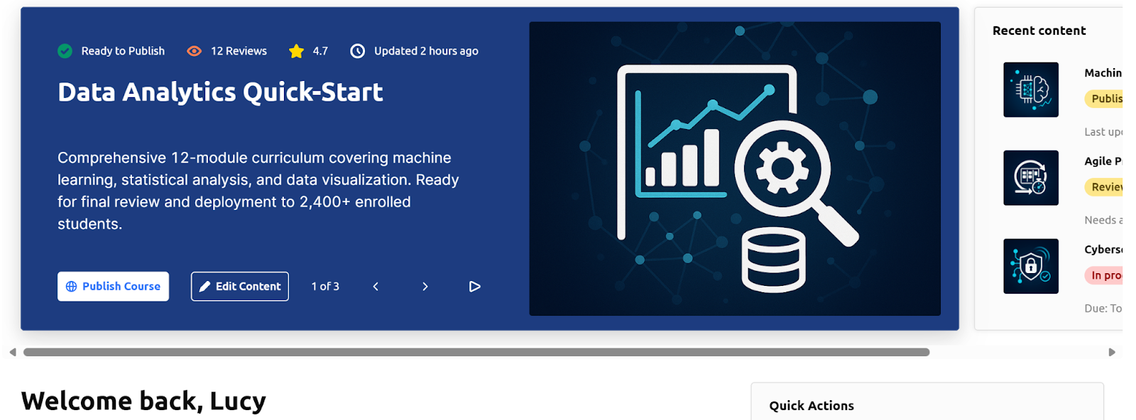 Analytics course dashboard showing quick-start modules and student updates.
