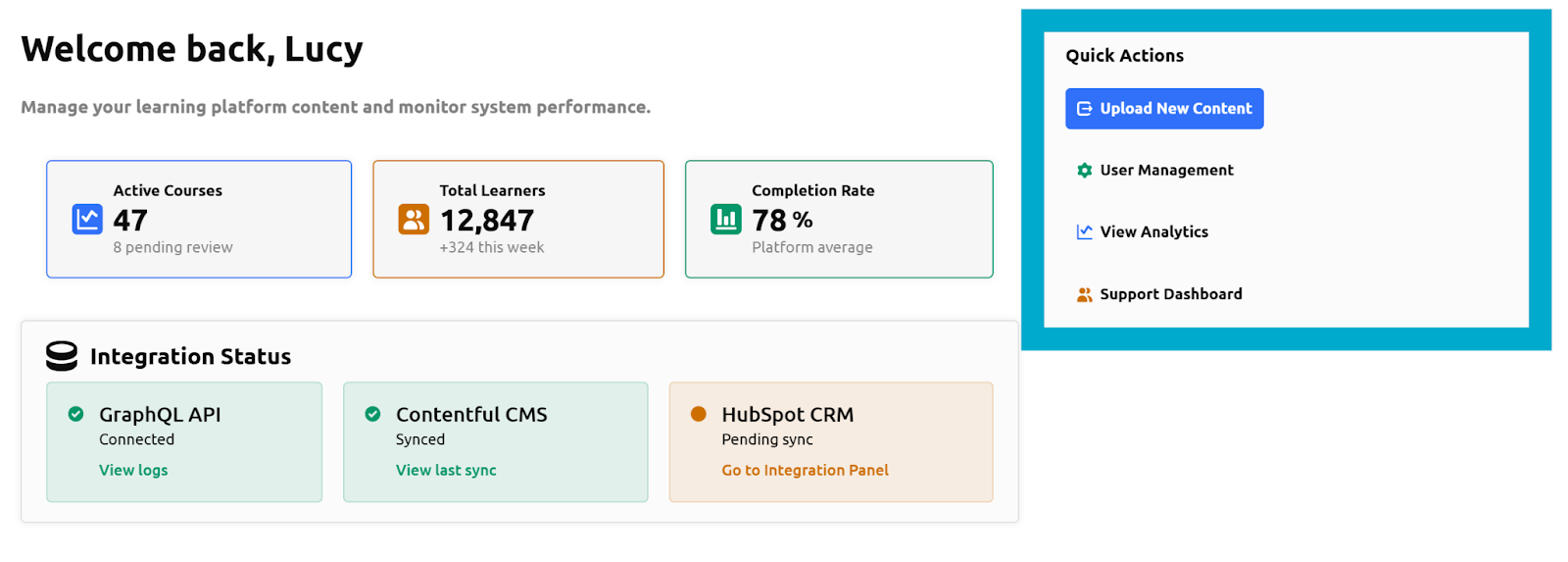 Dashboard showing learner statistics, integrations, and quick management tools.