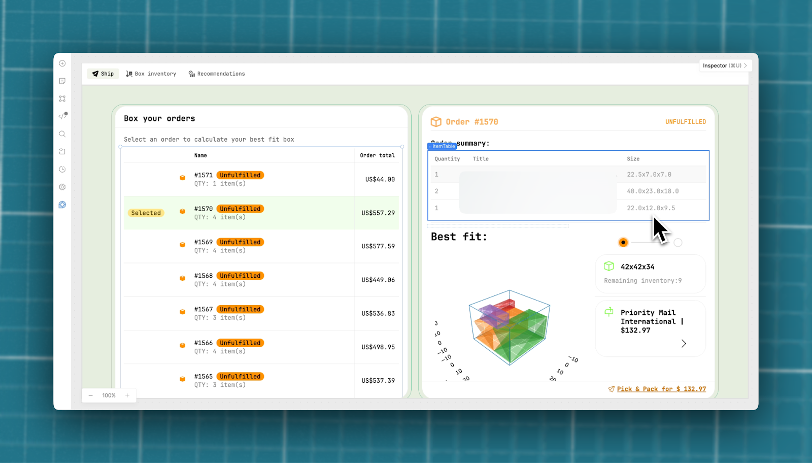 Screenshot/screengrab of Box-it app made in Retool - Shipping dashboard