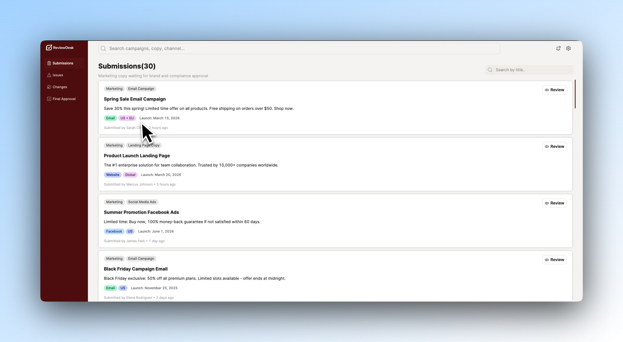 Submissions dashboard in Retool ReviewDesk Template