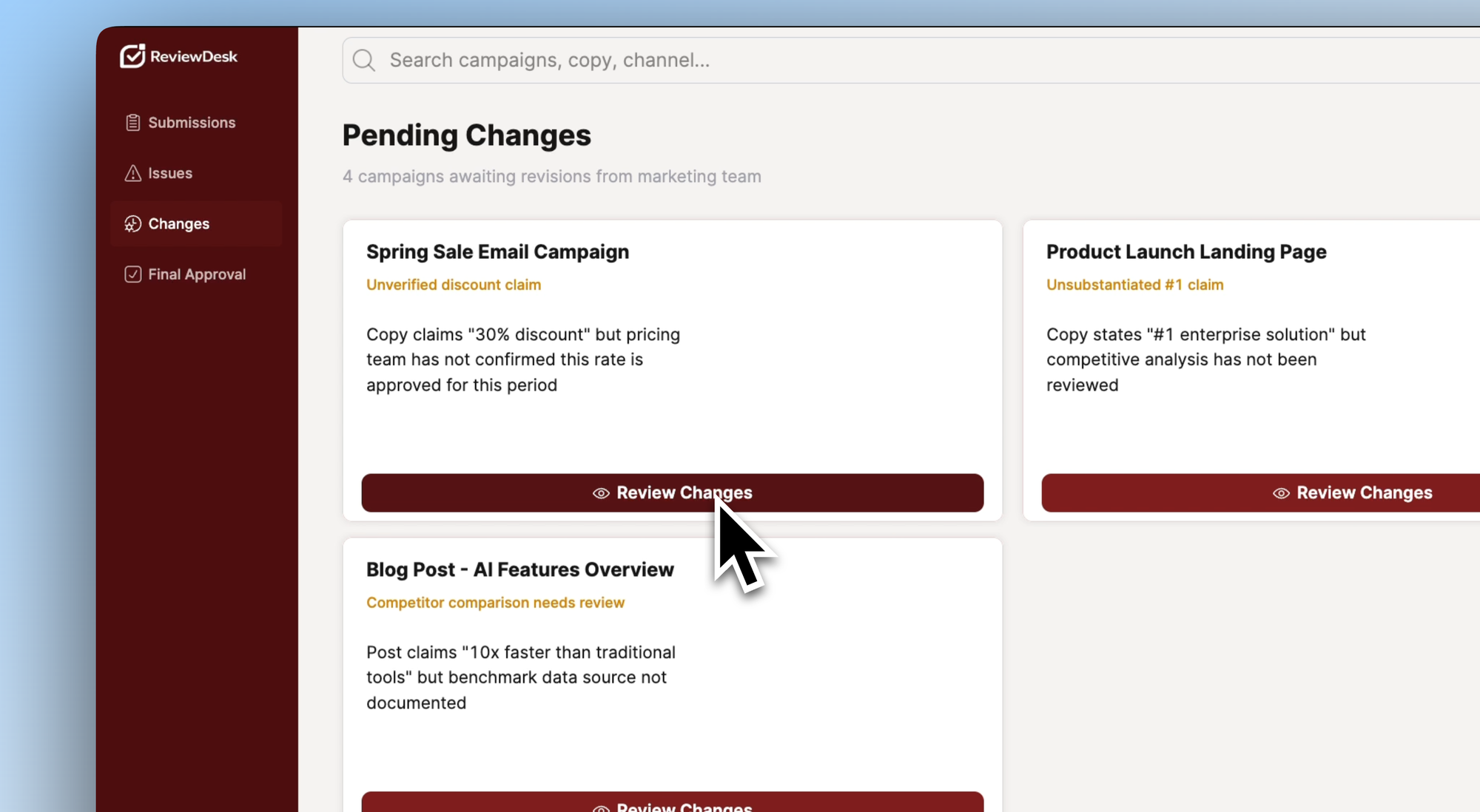 Changes dashboard in Retool ReviewDesk Template
