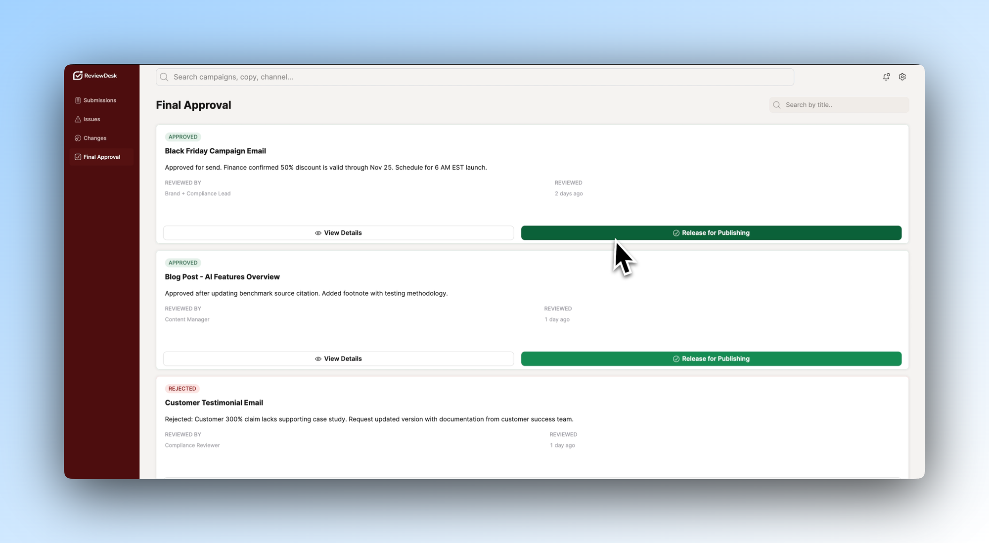 Final Approval dashboard in Retool ReviewDesk Template
