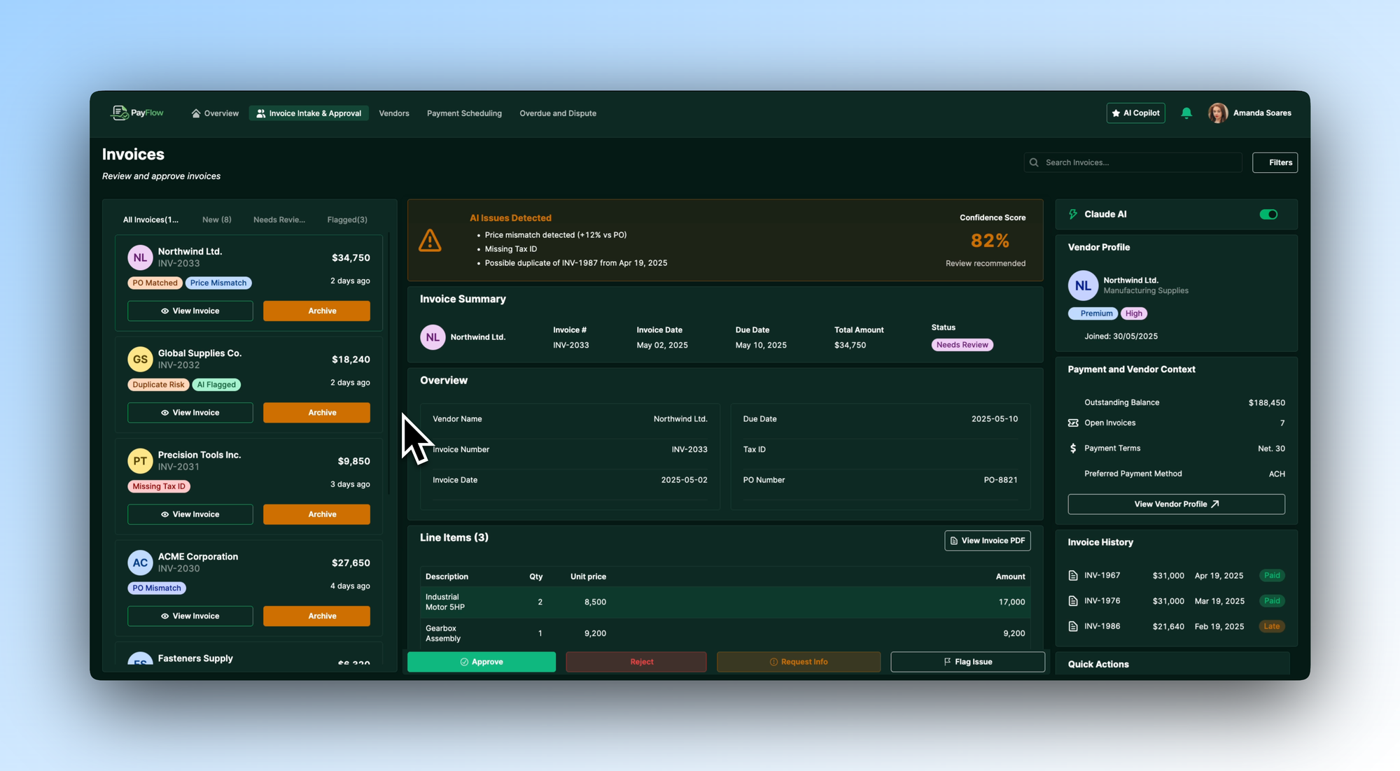 Invoice intake queue with AI-flagged issues including price mismatch and duplicate risk, alongside a Claude AI panel showing vendor profile, payment context, and invoice history.