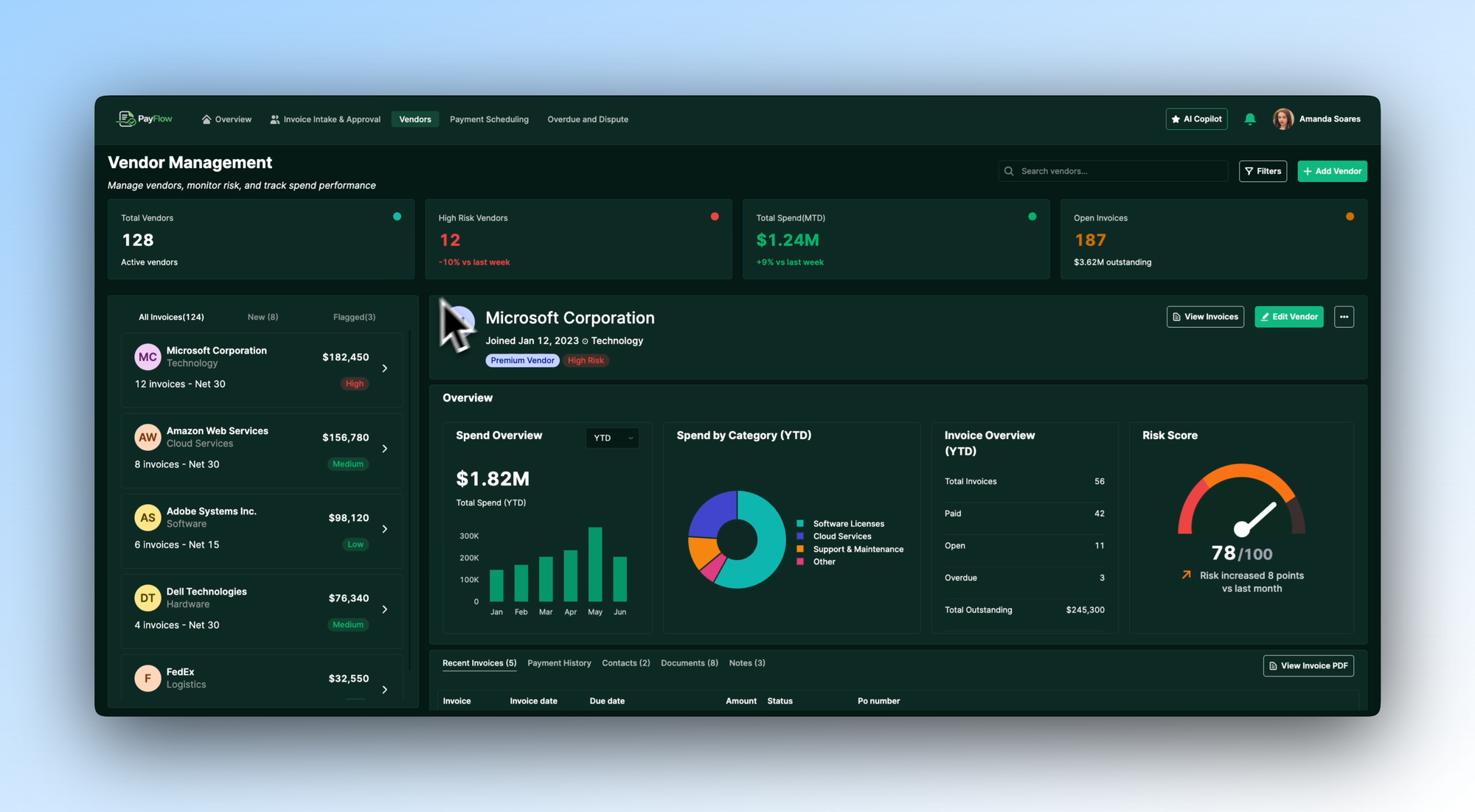 Vendor management tab showing a supplier list with risk ratings and outstanding balances, alongside a detailed vendor profile with spend overview, invoice history, and risk score.